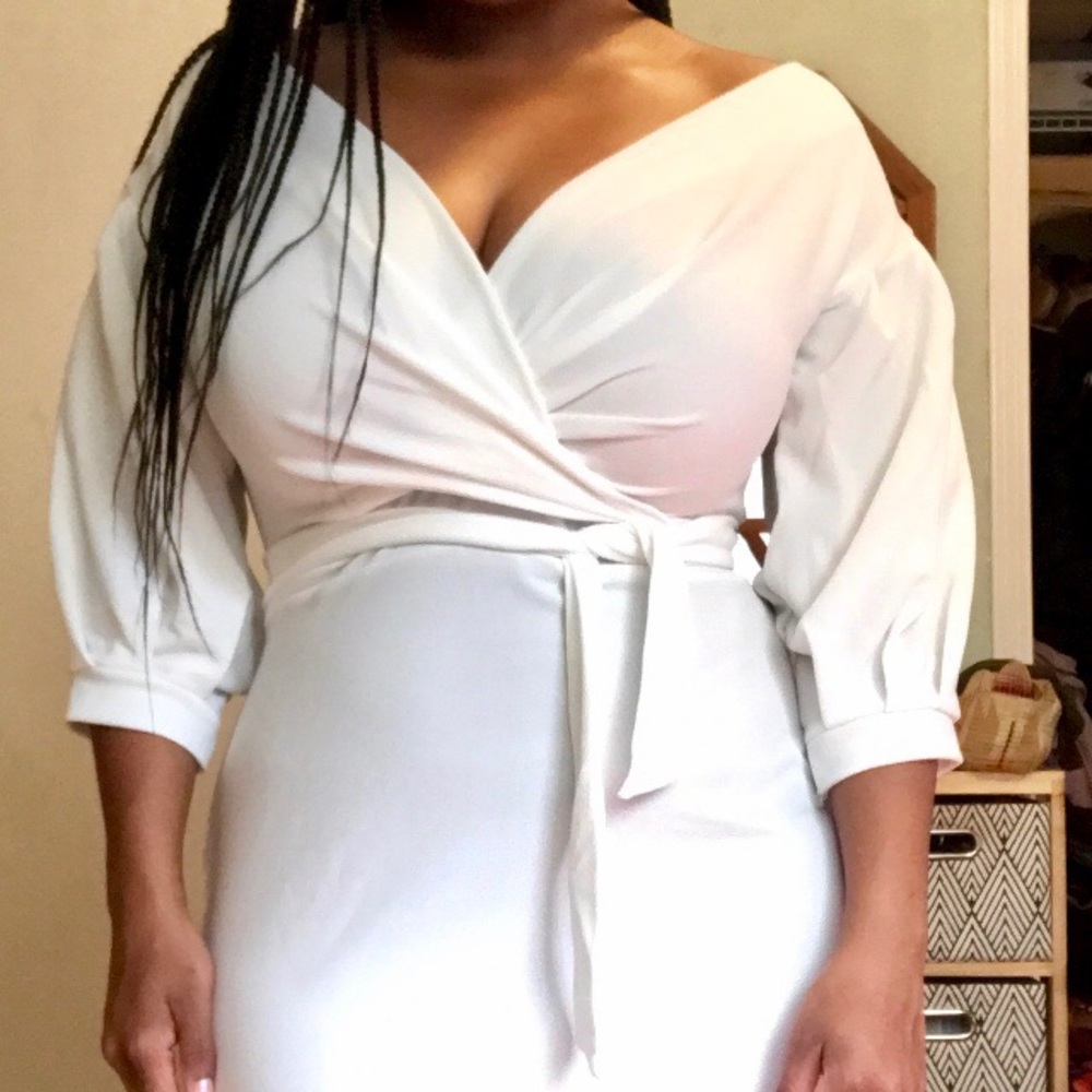 Boohoo off the shoulder wrap midi dress